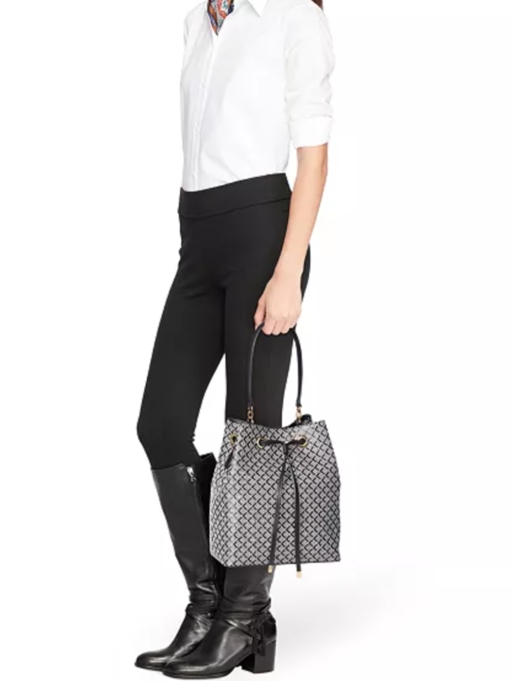 Lauren Ralph Lauren Dryden Debby Drawstring Bucket Black & White Bag - Picture 3 of 13